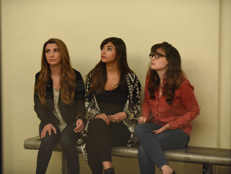 Nasim Pedrad, Hannah Simone, and Zooey Deschanel in “A Chill Day In”